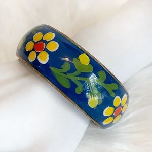 Vintage Brass Floral Bangle Bracelet – Blue Enamel (EUC)